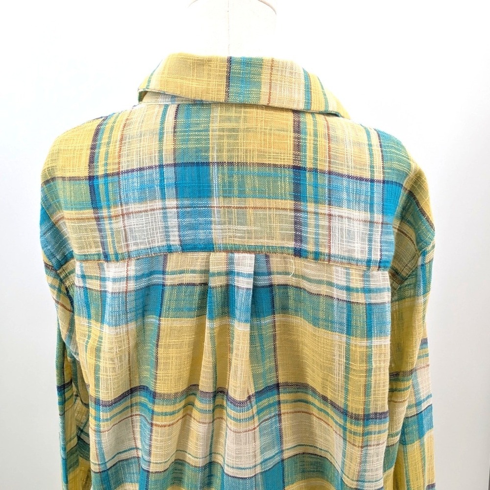 La Miel Plaid Gauze Shirt Raw Hem Boho‎ Beach Lightweight NWT L - Picture 8 of 11